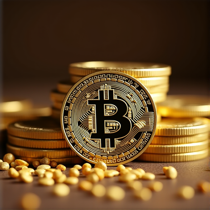 A prominent Bitcoin symbol is displayed on a gold coin, surrounded by stacked and scattered coins, against a dark, contrasting background.