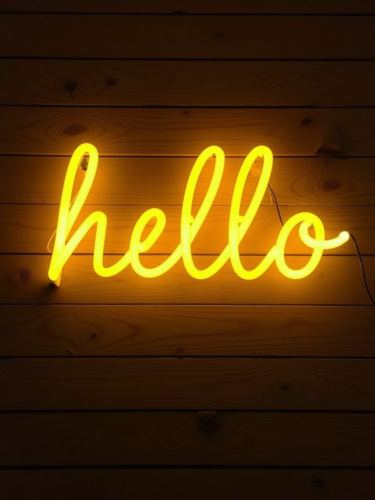 Neon sign features the word hello. Bright yellow color contrasts with a wooden background. Ideal for decorative settings.