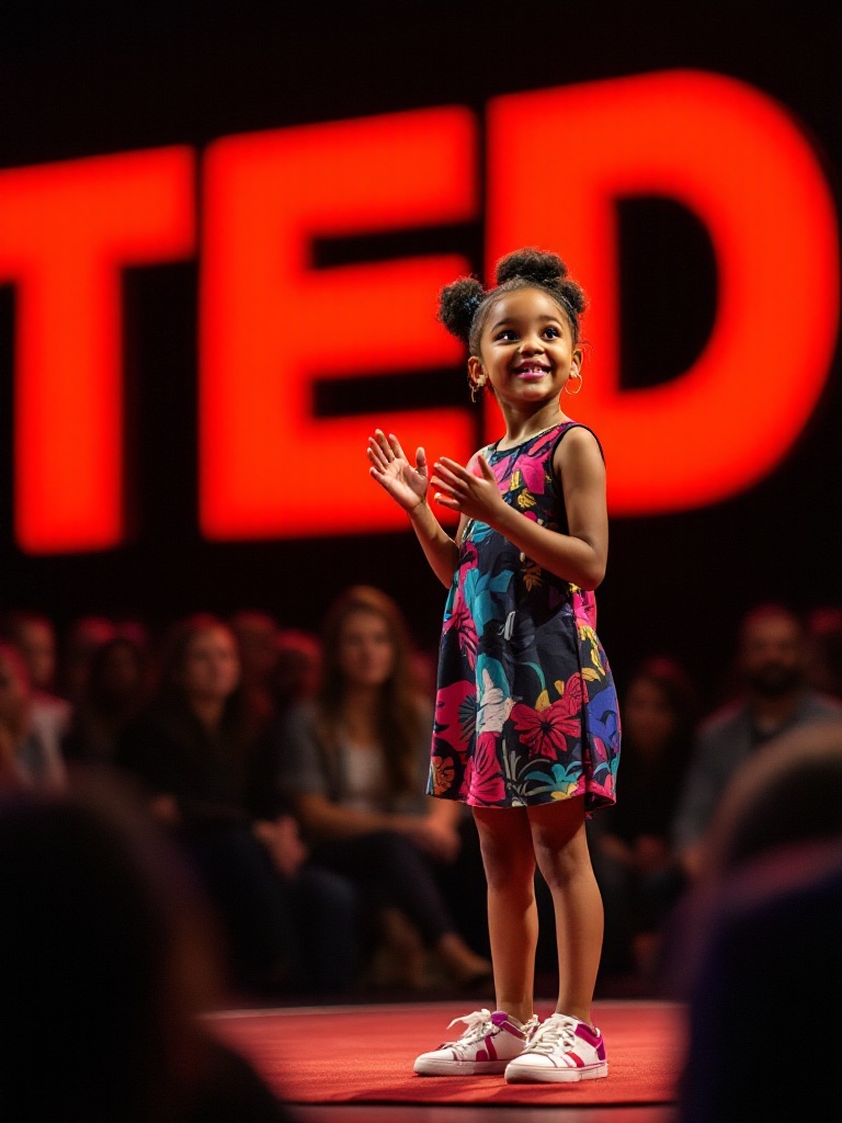 A confident four-year-old girl stands on a stage. She wears stylish clothing. She expresses enthusiasm and joy. A spotlight highlights her. The classic TED logo is in the background. The audience watches with interest.