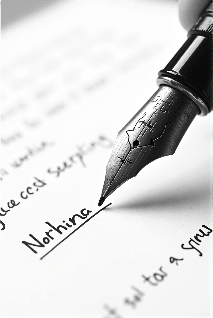 A close-up of a fountain pen poised above a paper with the word 'Nortina' written on it.