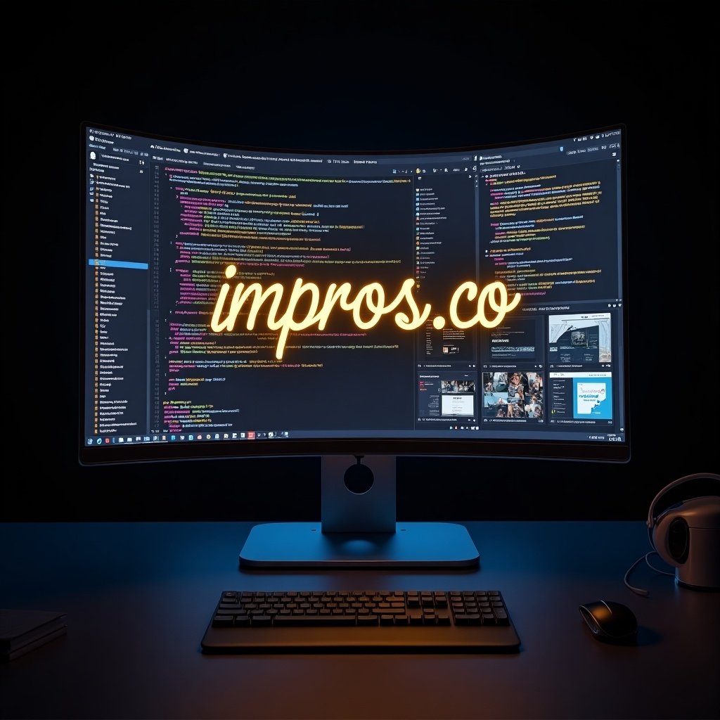 Picture for homepage at impros.co. Large curved monitor shows design code and websites. Text displayed in yellow-gold.