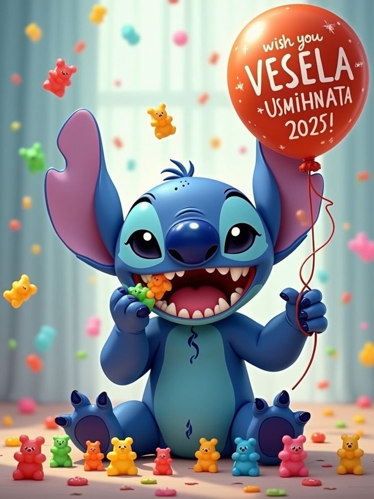 A blue alien named Stitch with big ears and a smile is sitting with his mouth full of gummy bears. He throws gummy bears with one hand while holding a balloon that says Wish you VESELA + USMIHNATA 2025! Confetti and gummy bears are in the air.