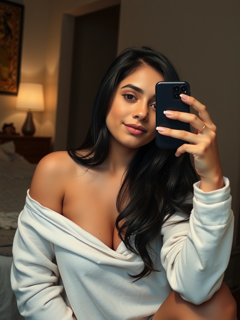 A woman takes a selfie in a cozy room with soft lighting.