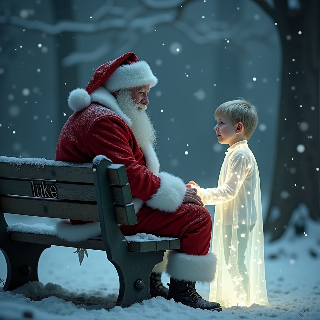 Father Christmas sitting on a bench in a cemetery with a boy spirit. The bench has 'Luke' engraved on it. Snow is falling gently in a serene setting.