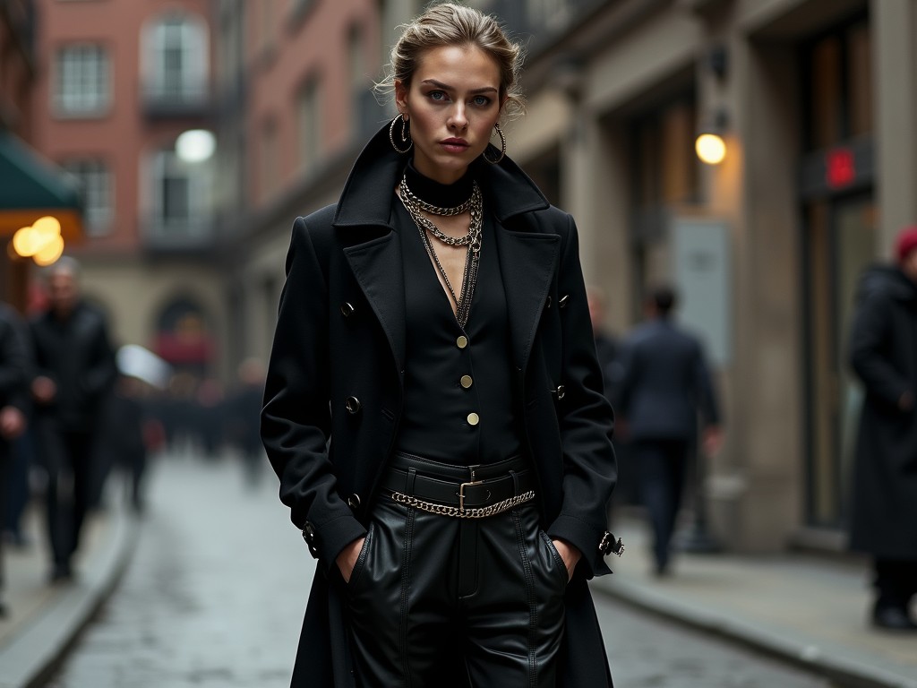 A fashionably dressed woman stands confidently in a bustling city street, exuding sophistication in a black coat and leather pants. Her layered necklaces and stylish hoop earrings add a touch of glamour to her ensemble. The blurred background of pedestrians and architectural elements suggests a vibrant urban setting.