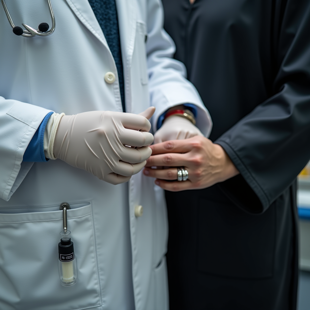 A doctor in a white coat and gloves holds hands with a patient in a gesture of comfort and support.