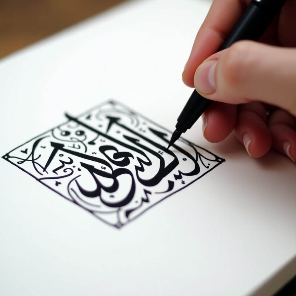 Close-up view of hand using pen to write Arabic calligraphy. Bold black ink on white paper. Steady and focused hand. Designs surround main calligraphy. Soft lighting enhances strokes. Handwritten calligraphy featuring 'الجاسمي'. Designed to fill small box or circle.