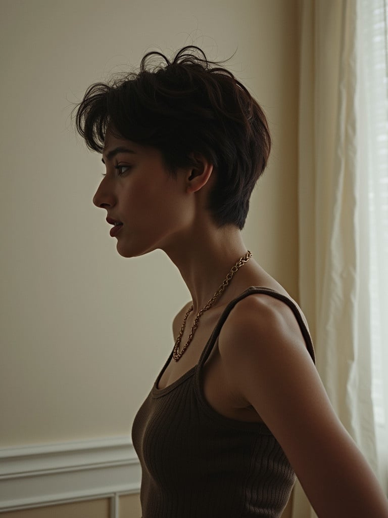 A side profile of a person standing by a window. The focus is on the person's silhouette. Soft natural light enhances the elegance of the pose. The person wears a simple outfit. The background is subtle and muted.