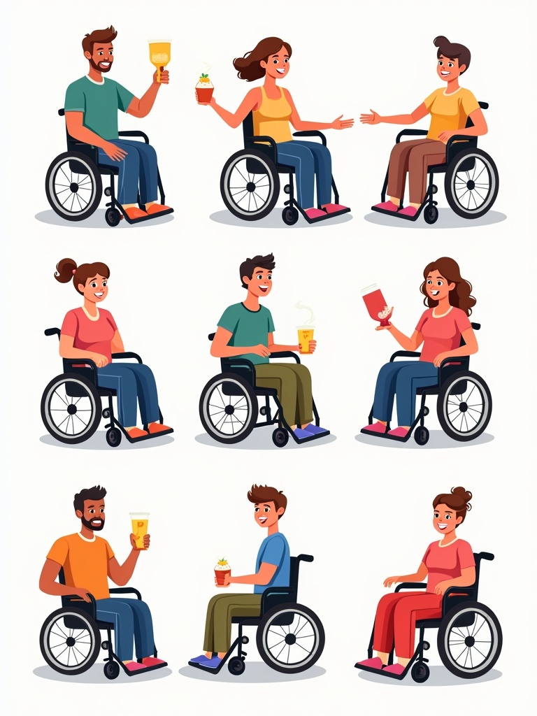 A set of cartoon people in wheelchairs engaging in humorous interactions. Males and females depicted in a comic style. Flat vector illustration showcasing light-hearted scenarios. Various colorful outfits and drinks held by characters. Illustrative of inclusivity and fun.