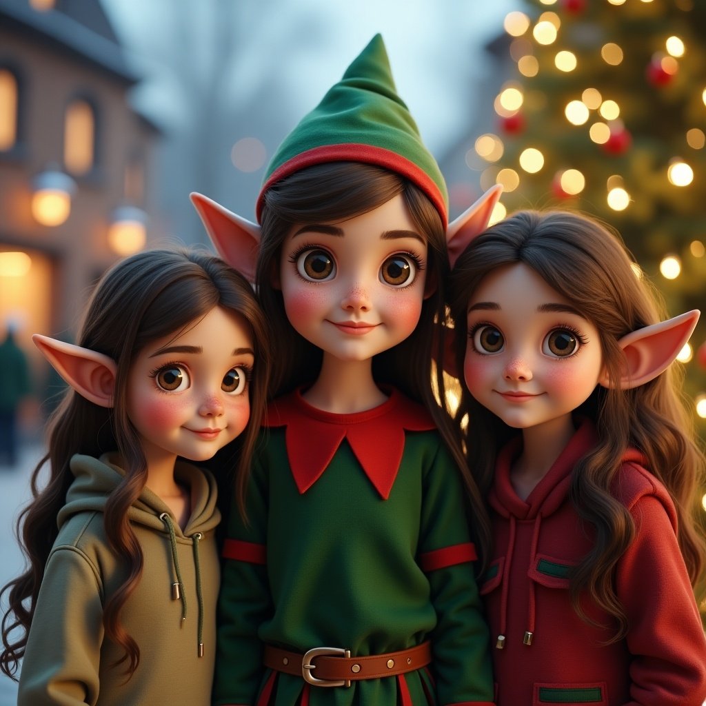 A cute girl elf with pointed ears is with her two friends. The background shows a Christmas scene.