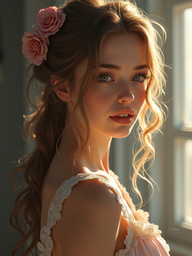 A girl with long wavy hair adorned with pink roses. Soft sunlight illuminates the scene. Focus on the elegance and grace of her hairstyle. Romantic aesthetic portrayed through delicate colors and lighting.