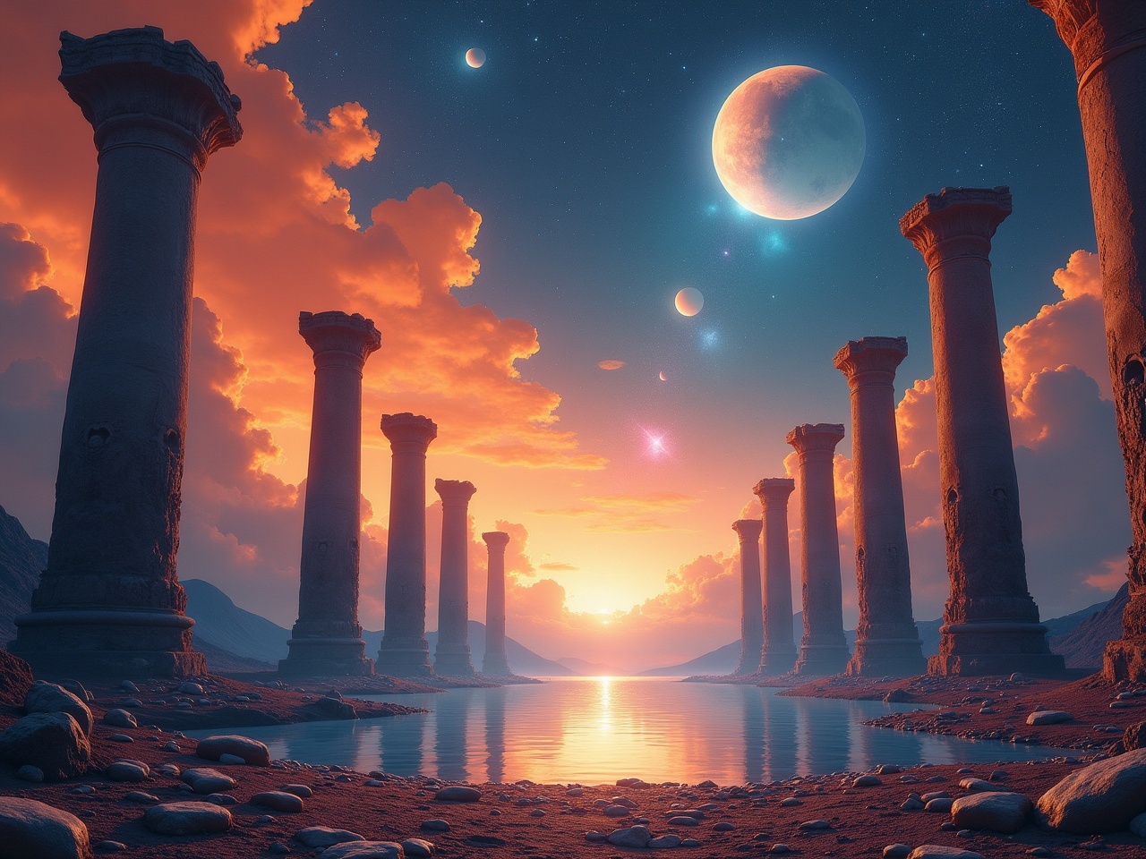 This image depicts a surreal and vibrant landscape. Tall, ancient-looking pillars stretch along the sides of a reflective body of water. A cosmic sky filled with stars and nebulae creates a stunning backdrop, dominated by two large celestial bodies, one orange and the other white. The colors blend from fiery orange to deep blue, providing a dreamlike atmosphere. The ground around the pillars is textured with a rocky surface, adding to the otherworldly feel of the scene.