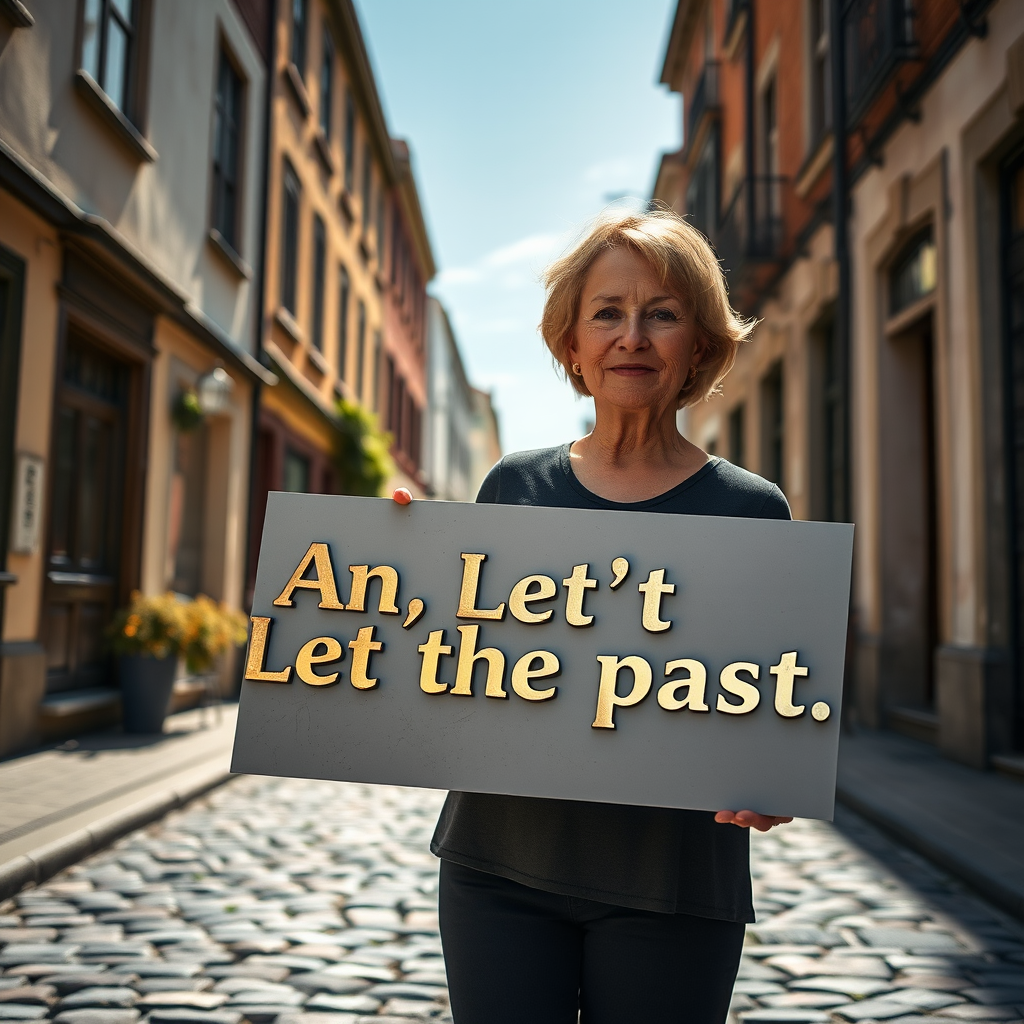 An elderly woman stands holding a sign with an incomplete phrase, invoking a contemplative mood on a quaint cobblestone street lined with charming buildings.