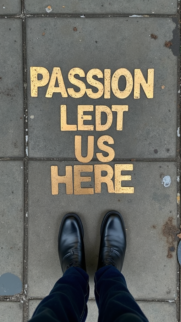 Brown shoes stand on grey tiles with the words 'PASSION LED US HERE' in gold.