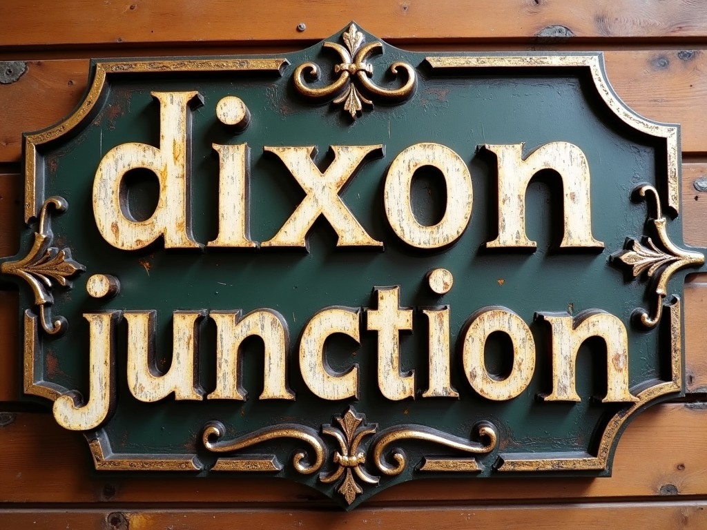 This image showcases a rustic and ornate sign featuring the words 'dixon junction'. The sign has lettering with a distressed wooden appearance. Gold outlines add a vintage charm to the letters. The entire sign is set against a rich wood textured background, enhancing its rustic appeal. This design would be perfect for a themed restaurant or a vintage-style retail space.