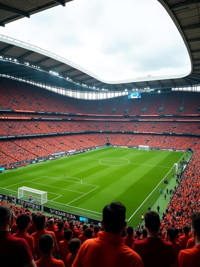 Large soccer stadium filled with thousands of spectators. Stands packed with orange fans. Lush green soccer field with white lines. Sleek contemporary stadium design. Partially covered roof allows natural light. Atmosphere is electric. Sky is overcast.