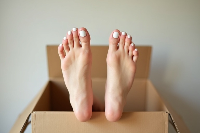 Feet of a female emerge from a large cardboard box. Box is opened with flaps. White nail polish decorates the toes. Background has a simple and neutral design.