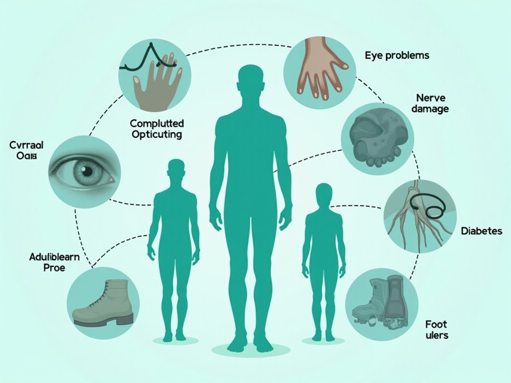 This infographic illustrates the complications associated with diabetes. It features silhouettes of human figures of varying sizes. Around the figures, icons represent various health issues such as eye problems, nerve damage, and foot ulcers. Each icon is connected with dashed lines to emphasize the interconnectedness of these complications. The color scheme is predominantly light blue and teal, providing a calming visual effect. This image is suitable for educational purposes and health awareness campaigns.