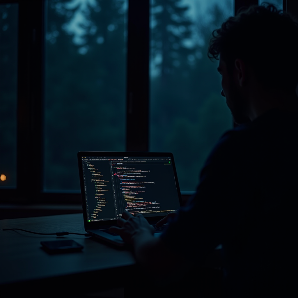 The image shows a person working on a laptop, focused on a coding interface, likely a text editor or an IDE. The setting appears to be dimly lit, suggesting evening or early night-time, with the silhouette of trees visible through large windows in the background. The ambient light outside is dark, creating a serene atmosphere conducive for concentration. The laptop screen displays lines of colorful code, indicating programming activities. A mobile device lies on the wooden desk beside the laptop, hinting at a modern, tech-savvy environment.