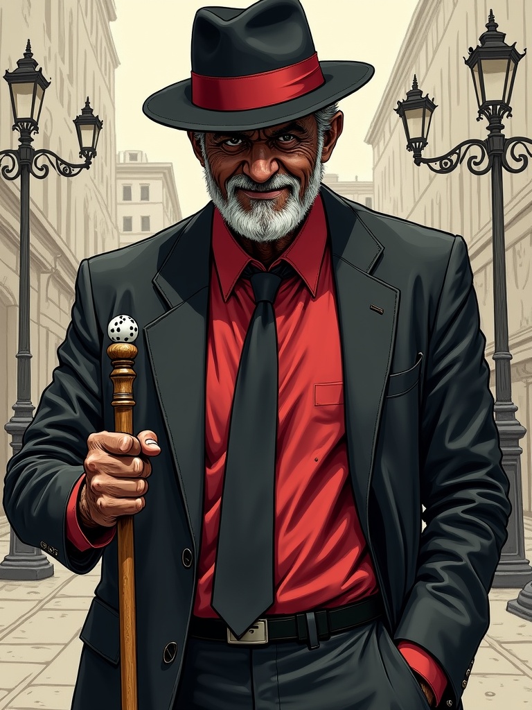 A dignified older man stands confidently on a vintage city street, exuding charisma with his stylish black suit and red shirt. He wears a matching fedora adorned with a red band, and holds an intricately designed cane. The background features classic street lamps and towering buildings, suggesting a setting rich with history and elegance.