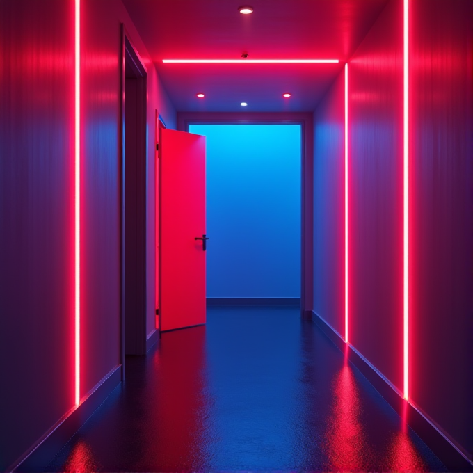 A dimly lit hallway features vibrant neon pink lights lining the walls, contrasting with a single open door emitting a soft blue glow.