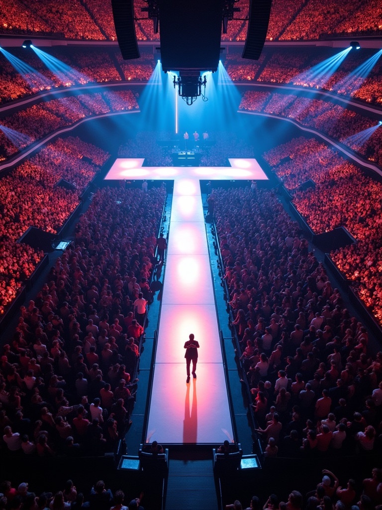 Travis Scott performs at Madison Square Garden. The stage has a T-shaped runway. The view is from a drone showing the crowd and stunning stage design.