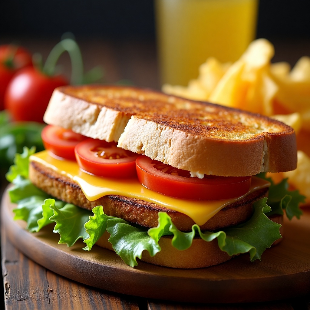 The image showcases a mouthwatering halloumi and cheese toast sandwich on a wooden platter. The sandwich is perfectly toasted, showing layers of fresh iceberg lettuce, juicy tomato slices, and creamy cheese. Accompanying the sandwich are crispy fries and fresh tomatoes, enhancing its visual appeal. The warm lighting creates an inviting atmosphere, emphasizing the ingredients' freshness. Ideal for food enthusiasts looking for delicious lunch ideas or vegetarian recipes.