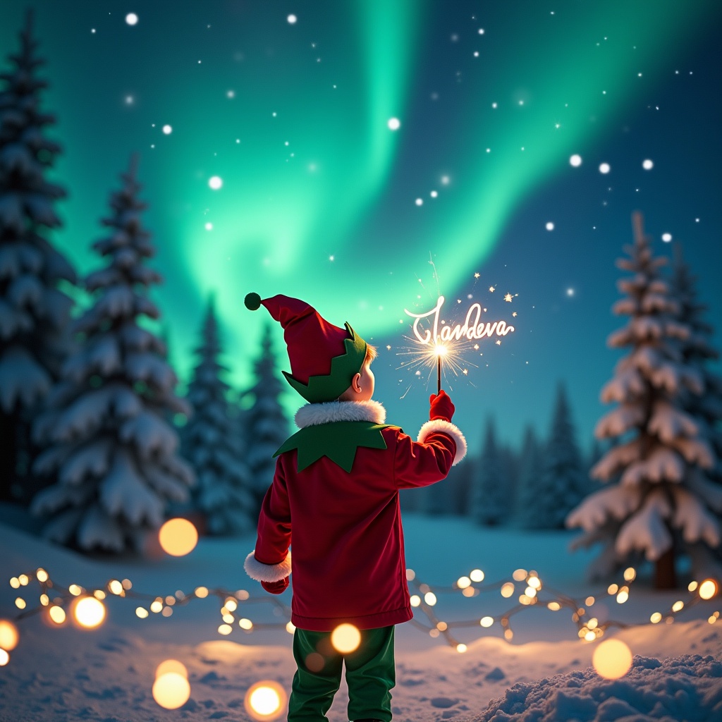 The image captures a charming winter scene featuring a child dressed as an elf. The child stands with their back turned, gazing up in awe at the luminous northern lights overhead. Using a wand, they create a sparkling name in the air, enhancing the enchanting atmosphere. Surrounding the child are snow-covered trees and twinkling lights, adding to the cozy holiday mood. It's a joyful and festive setting, perfect for celebrating the spirit of Christmas.