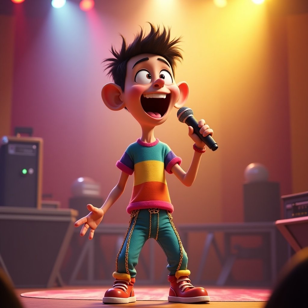 This image features an animated character with an excited facial expression, singing on the stage with a mic. The character has a very skinny appearance and is styled in a vibrant Pixar-inspired aesthetic. The background shows a colorful stage, indicative of a cheerful setting. The lighting is warm, enhancing the overall joyful vibe. The character is wearing a colorful t-shirt and pants with gold chains, which adds a unique artistic touch. This digital art embodies delight and cheerfulness, making it an engaging visual for various projects.