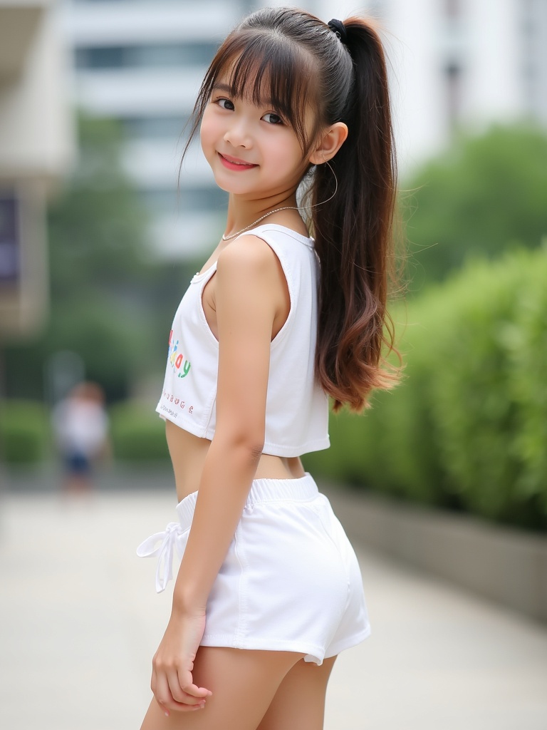 Image shows a young girl with long hair tied in a ponytail wearing a white two-piece outfit. She stands outdoors and turns slightly while smiling. The background features an urban environment with buildings and greenery creating a relaxed summer atmosphere.