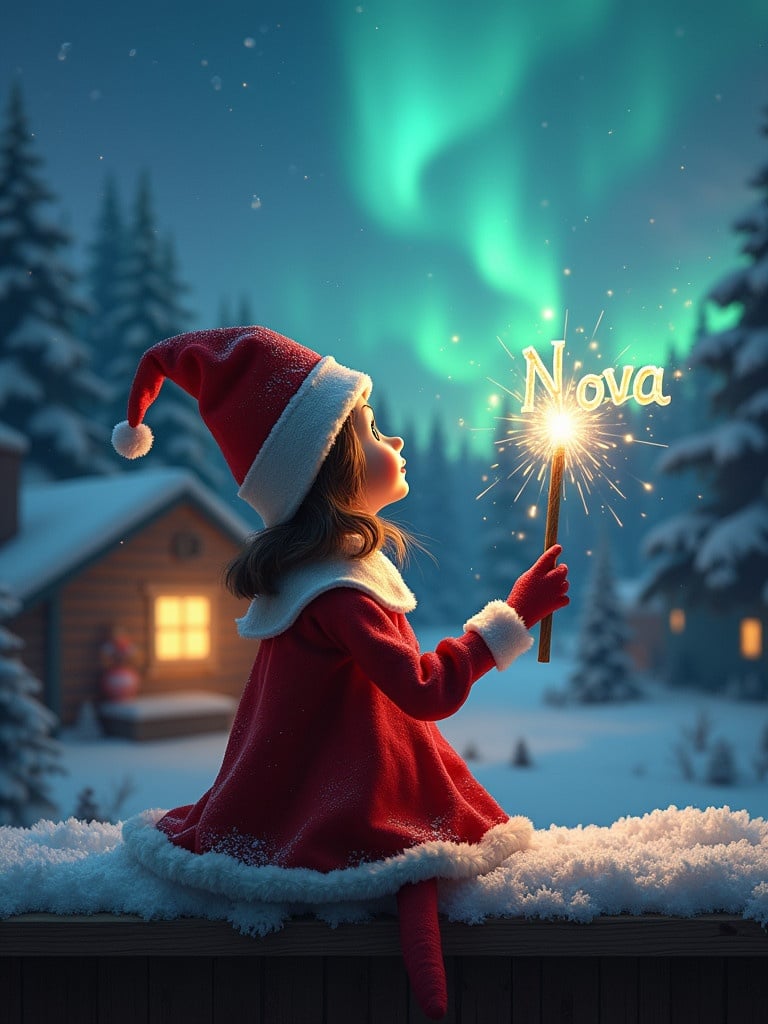 Elf on shelf gazes skyward holding glowing wand. Colorful northern lights in background. Cozy house visible in distance. Snow covers ground. Elf embodies Christmas magic. Name 'Nova' appears in air from wand.