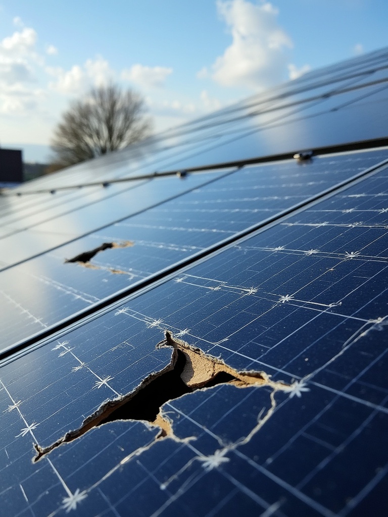 Close-up view of broken solar panels. Damage visible on the surface. Sunlight reflects off the panels. Background shows blue sky with clouds.