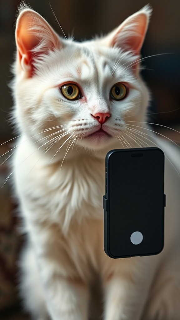 A white cat staring into a smartphone camera.