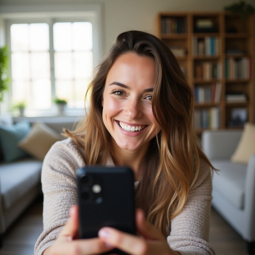 Natural selfie of a woman with light brown hair. She is smiling warmly. Phone is slightly above her head. Background has a cozy living room with natural light. Blurred couch or bookshelf visible.