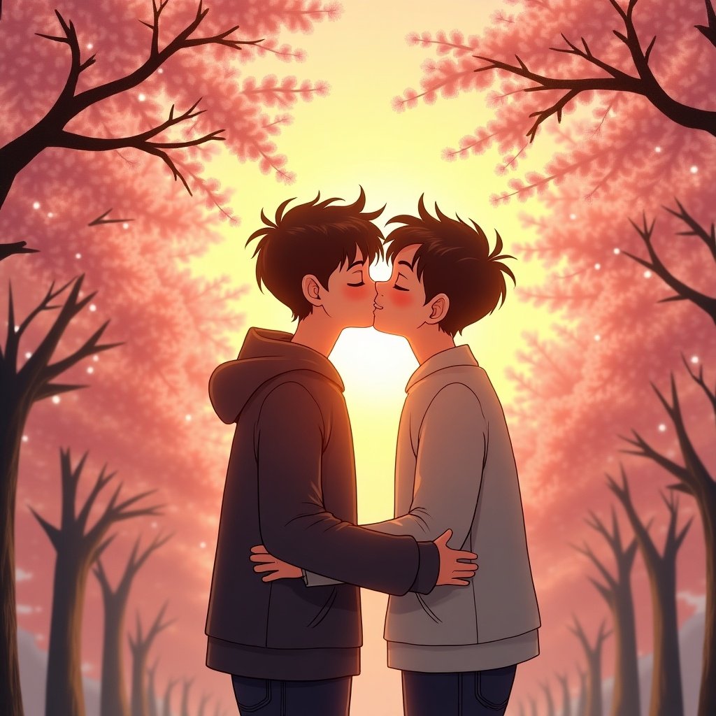 A sunset scene featuring two teenage boys kissing. Background consists of soft trees with falling leaves. The overall mood is warm and romantic.