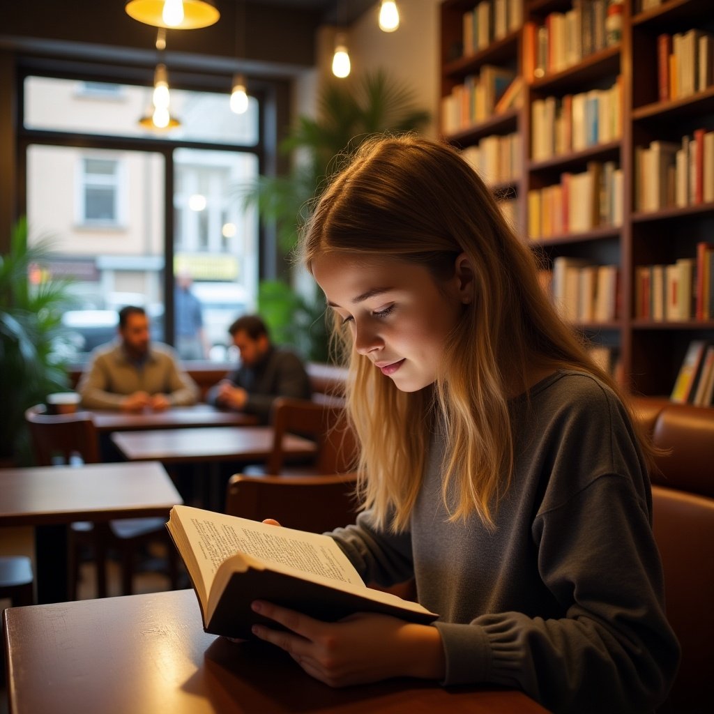 Girl in a cafe shop engaged in reading a book. Cozy atmosphere in the background with bookshelves and fellow readers present.