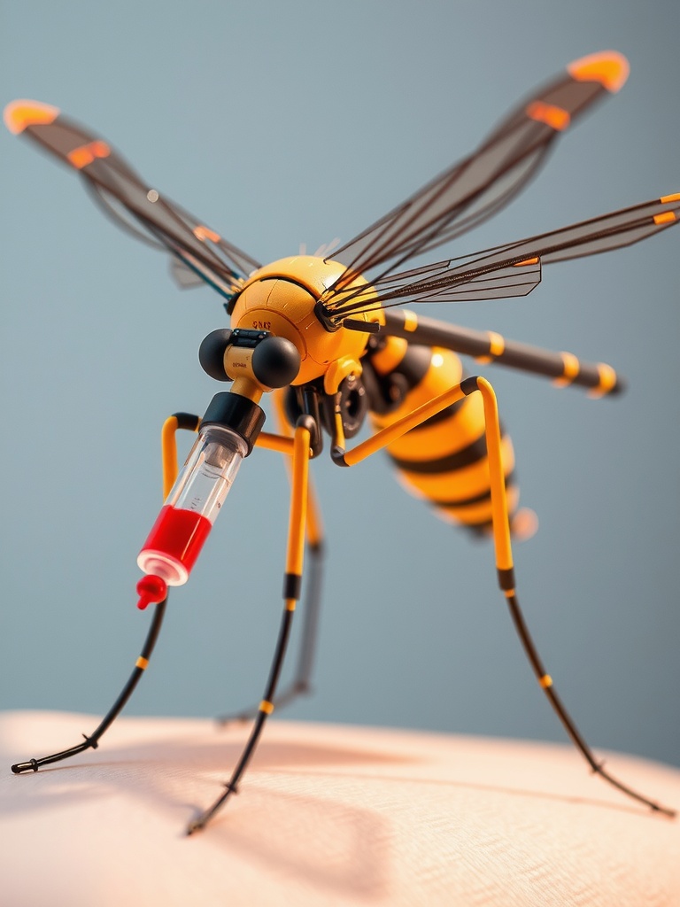 This image showcases a robotic insect resembling a mosquito, designed with intricate details and bright colors. The mechanical insect features a yellow and black striped body, transparent wings, and a syringe-like component extending from its head. The background is a soft blue, accentuating the insect's vivid design and focus on technological innovation.