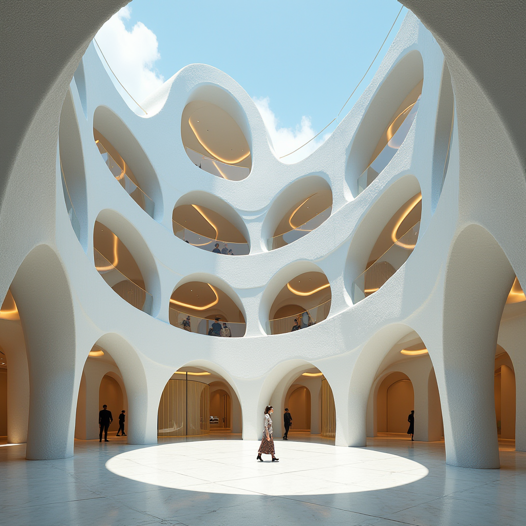 A modern architectural space with sweeping arches and circular openings, flooded with natural light.