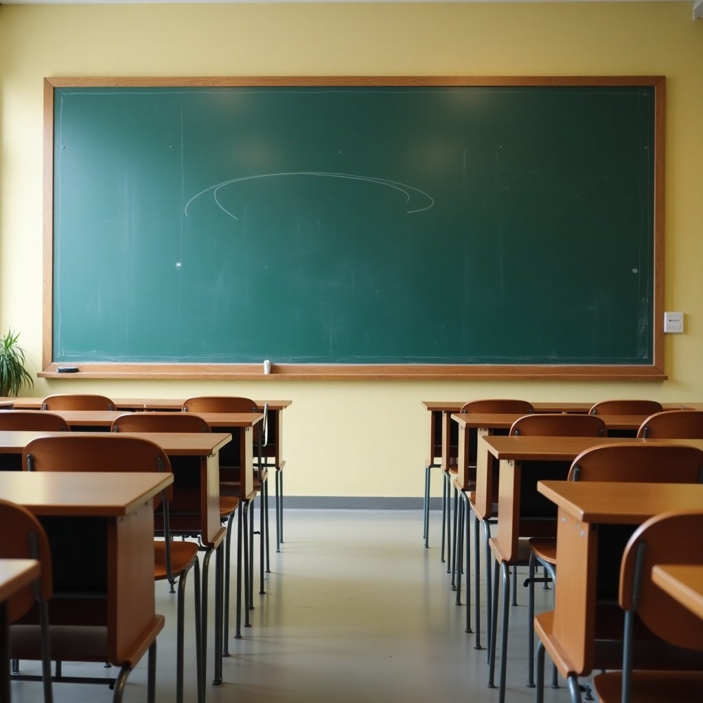 A neatly arranged classroom with rows of desks facing a large blank chalkboard.