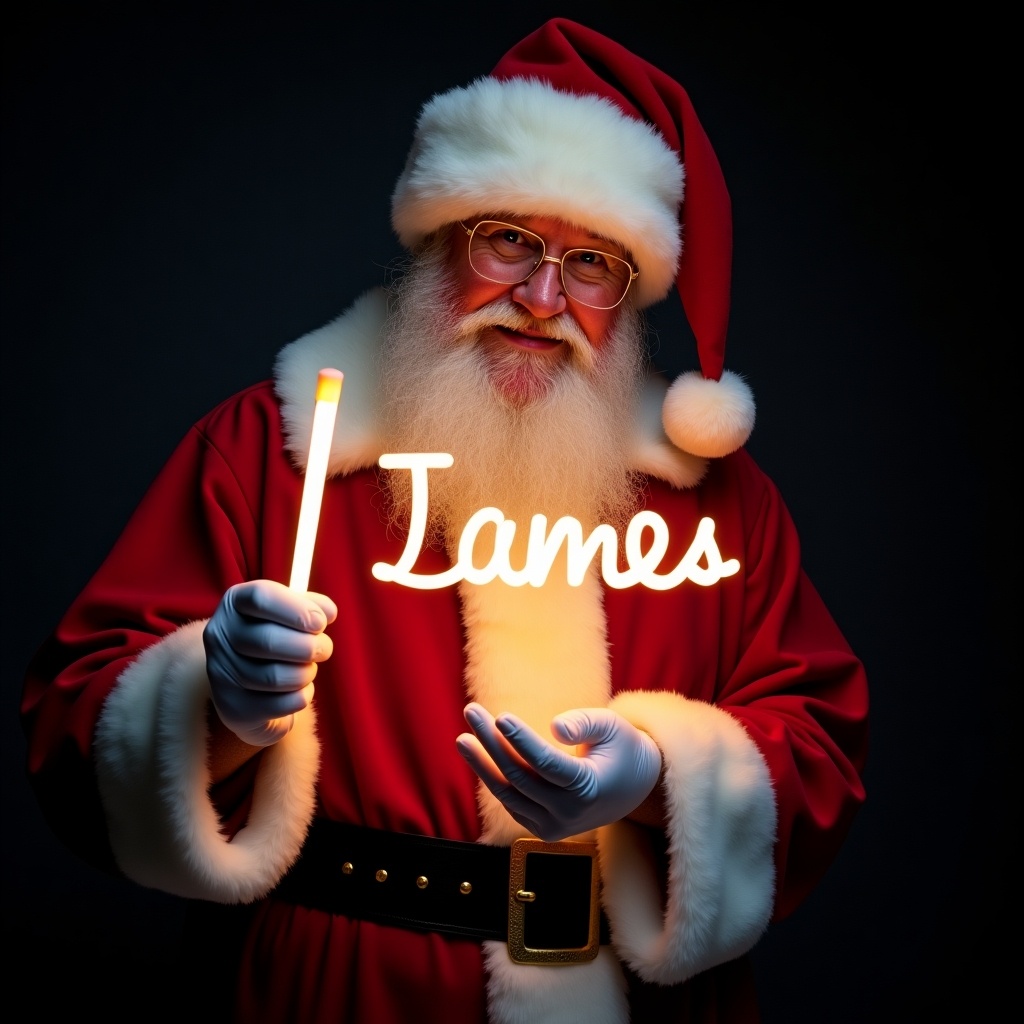 Santa Claus in a traditional red and white suit holds a glow stick forming the name James. Santa looks jolly, radiating holiday cheer. Dark background enhances the glow of the text. Captures Christmas magic and joy.