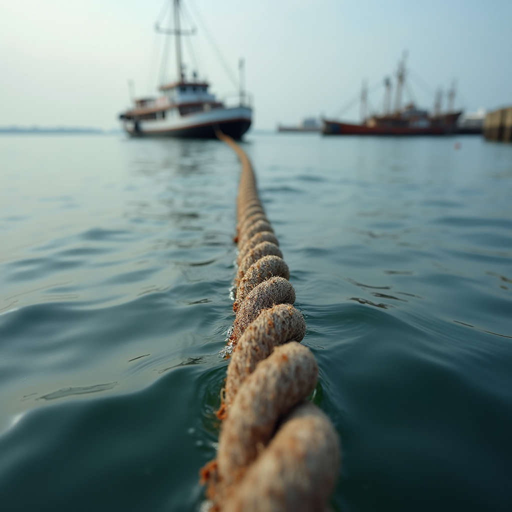 A boat is tethered to a dock with a thick rope stretching across the water.