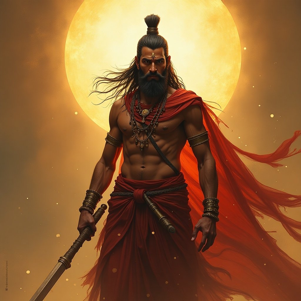 Image of a Hindu warrior with long hair wearing traditional attire. The warrior holds a sword. A large sun is in the background.