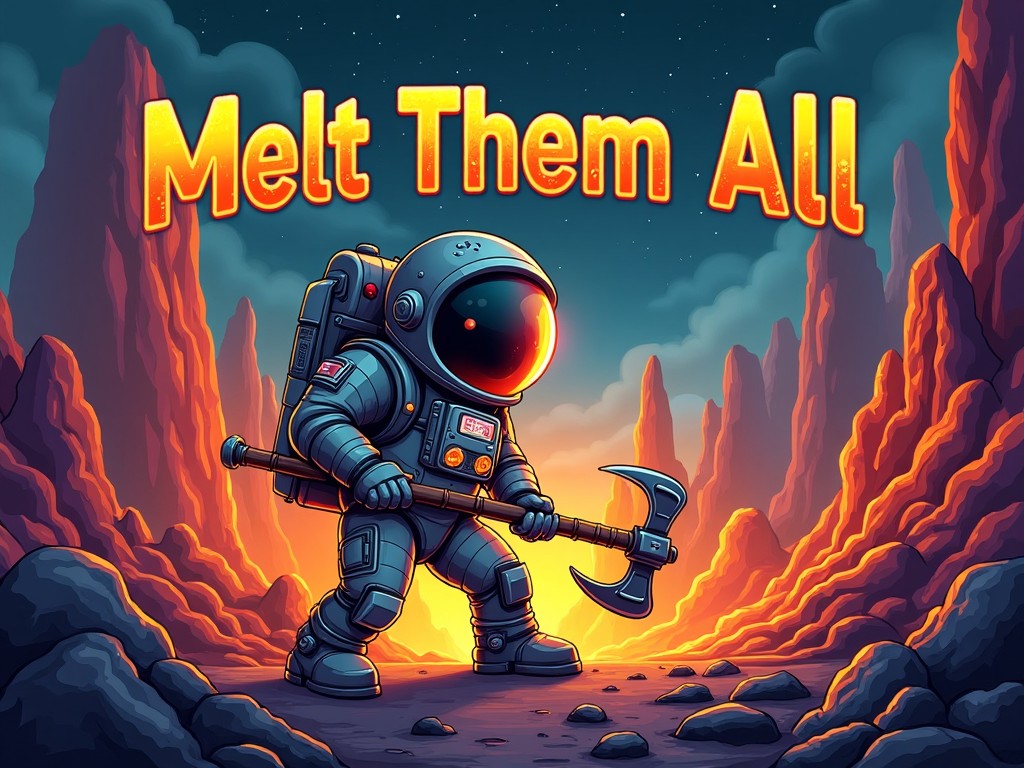 A whimsical digital illustration of an astronaut in a futuristic space suit standing on a rocky, alien landscape. The astronaut holds a large pickaxe and is surrounded by glowing, molten rock. Above, the words 'Melt Them All' are displayed in bold, bright letters.