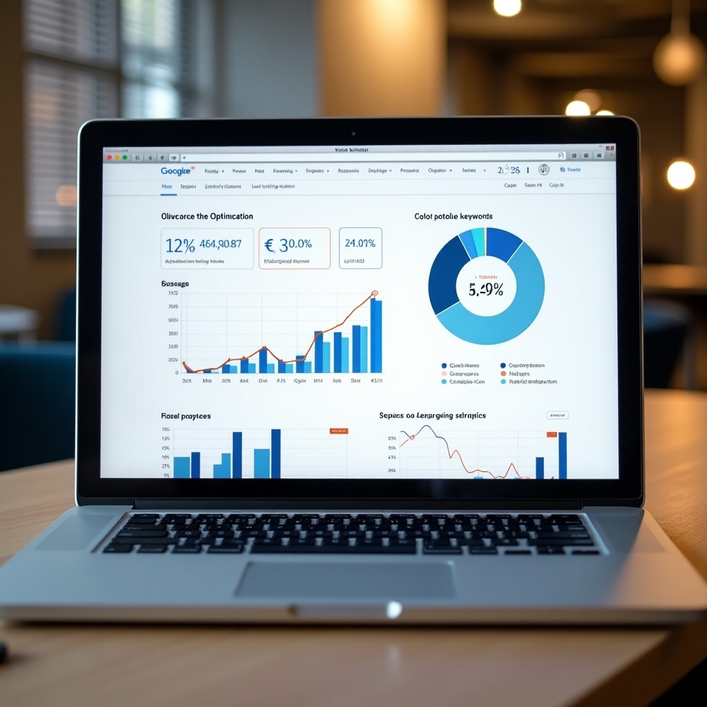 This image showcases a laptop on a wooden table with the screen displaying detailed graphs and analytics related to search engine optimization. Various metrics such as percentages and keywords are visible, hinting at digital marketing strategies. The environment is modern, with natural light filtering in through the windows. It serves as an illustration of technology's role in optimizing online visibility. The focus is on the data that informs marketing decisions, reflecting a professional workspace atmosphere.