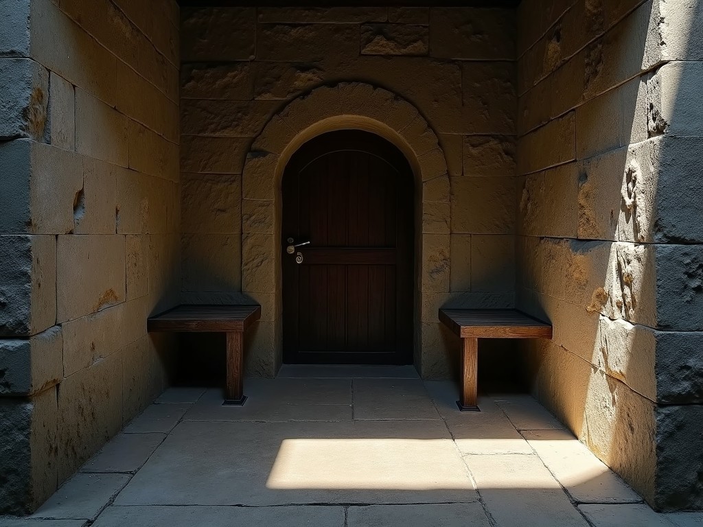 The image depicts a serene, minimalist interior with stone walls and a wooden door. Two wooden benches are placed beside the door, enhancing the atmosphere of calm. Natural light pours in, creating soft shadows against the textured stone. The overall composition conveys a sense of solitude and contemplation. Ideal for exploring themes of architecture and interior design, this setting allows for a quiet moment in a historical context.