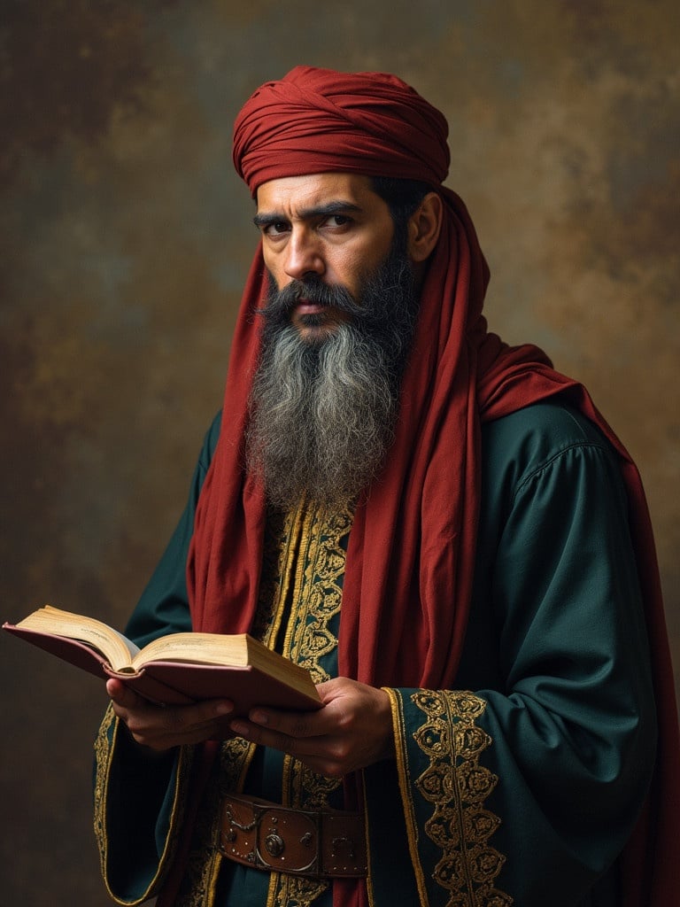 Elderly scholar in traditional attire holding an open book. Warm, inviting atmosphere with focus on scholarship and wisdom.