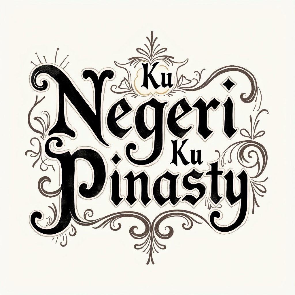 The image features the phrase 'Negeri Ku Pinasty' created in an intricate hand-written calligraphy style. Flourishes surround the text, creating an ornate visual appeal. The design predominantly uses a black and white palette, possibly with hints of gold. This artistic representation evokes a sense of cultural pride and elegance. Ideal for applications in graphic design and merchandise.