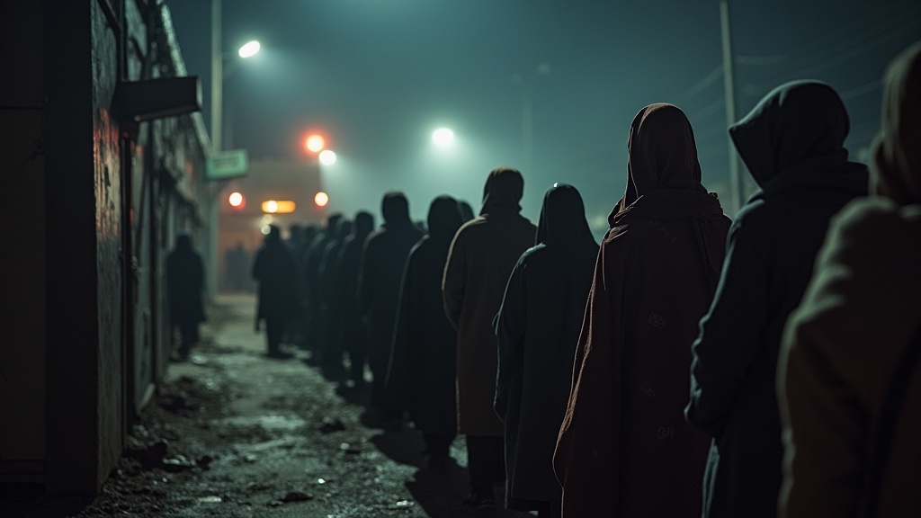 The image depicts a line of hooded individuals standing in a dimly lit street during nighttime. The scene is shrouded in shadow, with overhead lamps casting a cold light that enhances the sense of mystery and suspense. The figures, draped in dark cloaks, convey an atmosphere of uncertainty and anticipation.