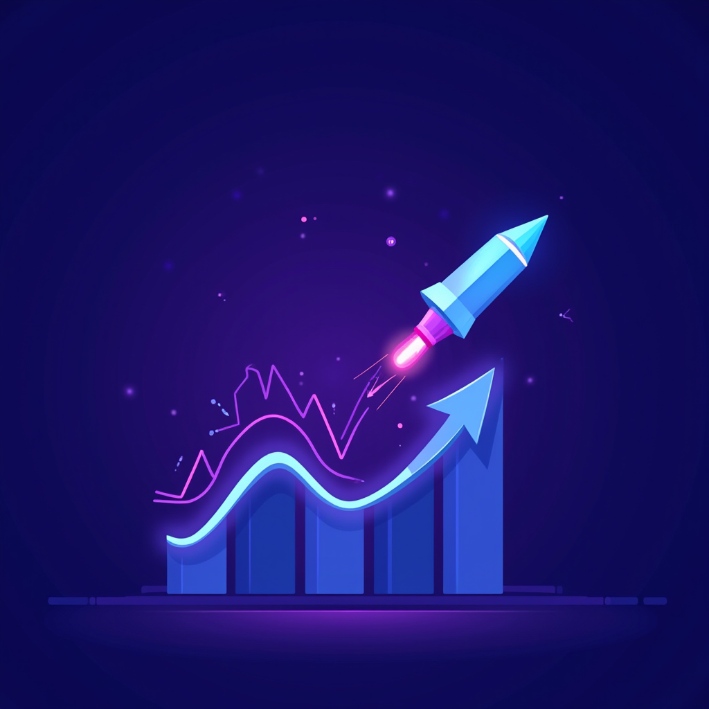 The image is an artistic representation of growth and success, illustrating a blue rocket launching upward beside a chart with upward-trending bars. The chart is depicted with a series of ascending bars and a glowing purple line graph that zigzags but trends upward, symbolizing dynamic progress. The rocket, positioned above the chart, has a bright, neon-like appearance, adding to the futuristic and energetic theme. The background is a deep, rich blue, enhancing the vibrant colors and making the scene appear lively and innovative.