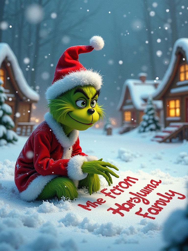 A snowy landscape features the Grinch dressed in a red and white outfit. He writes Merry Christmas from the Haruna family in the snow. Snowflakes fall around him. Cozy cottages with bright lights enhance the magical atmosphere. The scene reflects creativity and holiday joy.